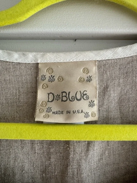 D Blue Vintage 100% Linen Ink Stamped Maxi Dress M - Picture 6 of 7